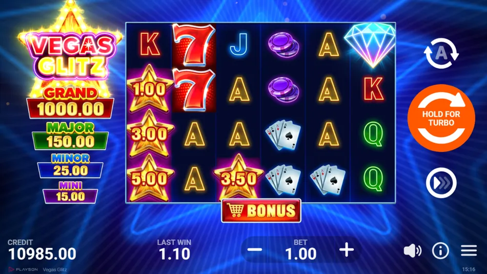 Vegas Glitz base game grid with Collect symbols on reels 1 and 6