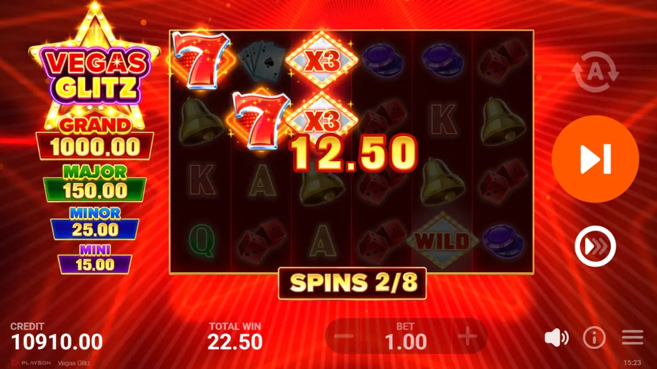 Wild Multiplier stacking x3 and x5 during Vegas Glitz Free Spins